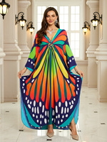 Robe longue ample en coton imprimé pour femme, col en V, style kaftan, idéale pour la plage ou comme paréo de bain