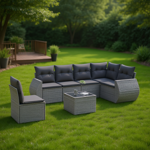 Moderno Conjunto de Sofás de Jardín de Ratán Gris, 6 Plazas, Muebles Modulares para Exteriores, Estilo de Diseño Contemporáneo - Product Image 2
