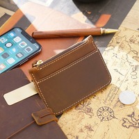 Porte-monnaie vintage en cuir véritable avec fermeture éclair, portefeuille unisexe en cuir de vachette, mini porte-cartes multifonction