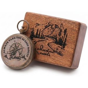 Vintage Brass <b>Compass</b> with Wooden Box <b>Engraved</b> Adventure Awaits Hiking Gift Portable Analog Hanging Ring Guide - Product Image 1