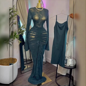 Abito lungo da donna in rete trasparente con sottoveste - Abito da sera aderente a maniche lunghe Sehe Fashion - Product Image 1