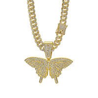 Collar de Cadena Cubana con Colgante de Mariposa de Aleación de Zinc con Diamantes, Oro y Plata, 124g, para Hombres y Mujeres, Joyería Hip Hop, Regalo