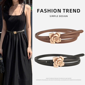 เข็มขัดหนังแท้สำหรับผู้หญิงขนาด 1 ซม. ลายดอกไม้ หัวเข็มขัดโลหะผสม - Product Image 1