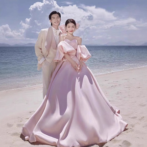 Pink Satin Ball Gown Wedding Dress Sweetheart Neckline Long Train Beach Photography - Product Image 3