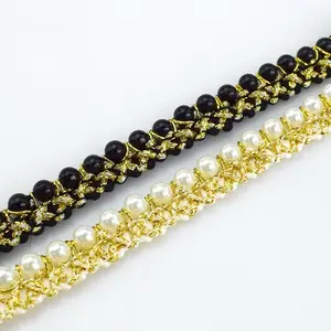 C6-2 1.5cm Silk Pearl Ribbon Fabric DIY Clothes Sewing Accessories Gold Bead Trim Braid Lace Applique Handwork Pearl Beaded Lace