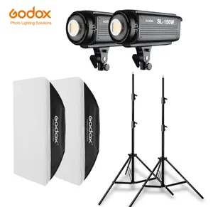 2x Godox SL-150W 5600K工作室LED连续照片视频灯 + 2x2.8米灯架 + 2x 70x100cm软盒 + 背景板布
