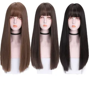 Teenage Girl Wig Full Head Set Daily Natural Black Air Bangs Long Straight Hair Wig Head Set