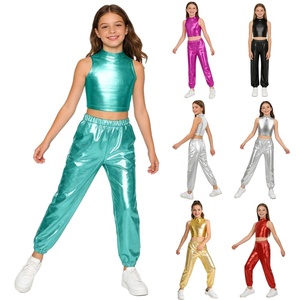 Haut court métallisé pour filles de 6 à 16 ans avec pantalon brillant pour entraînement, gymnastique, costumes de spectacle, compétition de danse latine et de danse de salon - Product Image 1