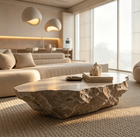Table basse en travertin naturel à bords bruts, table centrale en pierre irrégulière, table basse design Wabi Sabi pour la maison et le salon