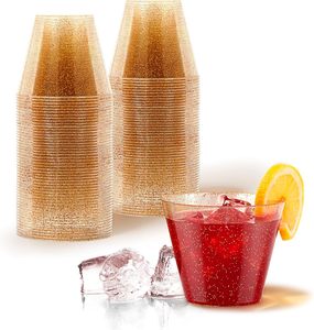 50 Pack 9oz Gold Glitter Disposable Plastic Party Glasses for Birthdays, Weddings and Holidays, Cocktail, Bulk Wine and Mimosa - Product Image 1