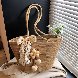 Women's Summer Bohemian Woven Bucket Tote Bag With Floral Decoration Handmade Shoulder Crossbody Bag For Everyday Use - Product Image 2