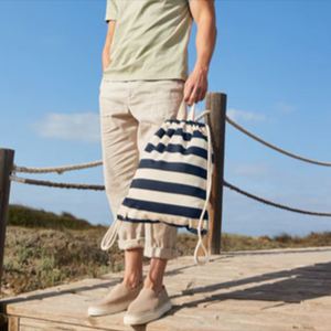 Cotton <b>Canvas</b> Striped Drawstring <b>Backpack</b> Custom Logo Durable Foldable Washable Reusable Casual Gymsack Unisex Travel Beach Bags - Product Image 6