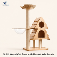 Arbre à chat en bois massif avec panier tressé et gamelle en acrylique, tour pour chat à 2 niveaux avec griffoir en sisal pour chats d'intérieur