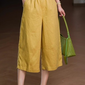 Cotton Linen Wide Leg Cropped Pants Women Elastic Waist Loose Fit Casual Artistic Retro Style Beige White Yellow Purple Black - Product Image 3