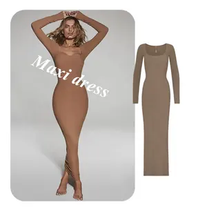 Summer Elegant Maxi Length Long Sleeve Square Collar High Stretch Bodycon Pullover Casual Dresses