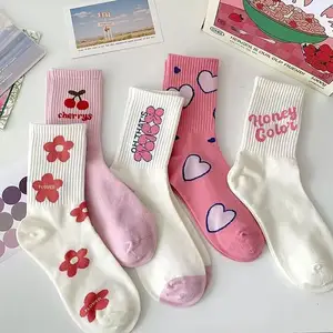 Rosa Liebes socken Damen Mid-Calf Socken modische Frühling Sommer süße süße girly japanische Stil lange Baumwoll socken