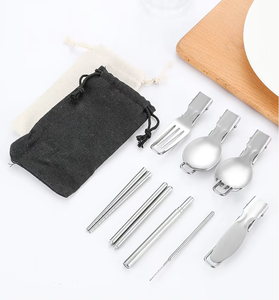 YD Couverts pliables portables en acier inoxydable poli miroir : couteau, fourchette, cuillère à salade, baguettes détachables, <span class=keywords><strong>paille</strong></span> rétractable - Product Image 1