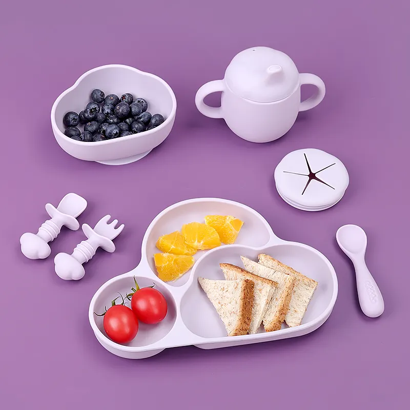 Juego de comida para alimentación de bebé Juego de silicona plato cuenco cuchara tenedor babero taza de bebé con pajita juego de alimentación de bebé silicona sin BPA