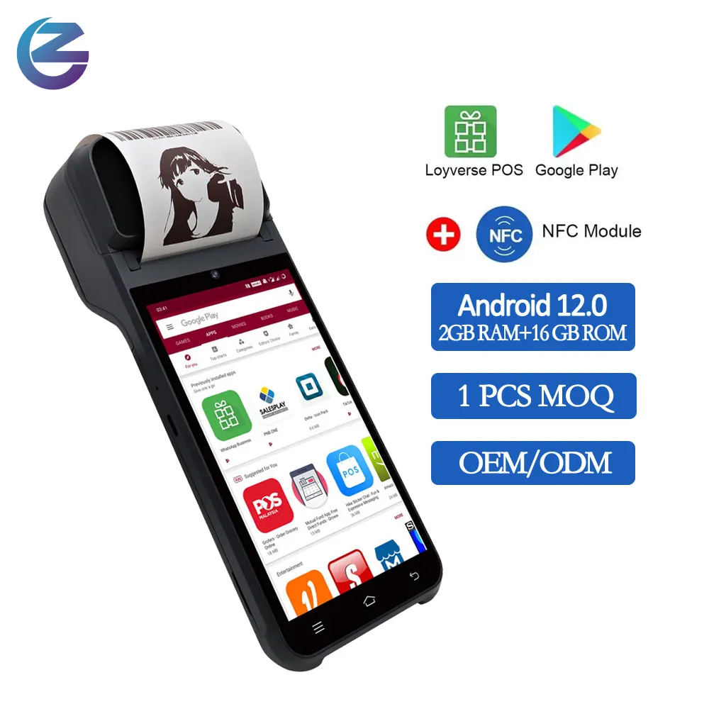 Scanner nfc com tela tátil z92, 5.5 polegadas, leitor de código de barras, android 8.0, terminal inteligente do sistema pos com impressora térmica receptora