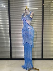 S3432N 2026 Nuovo Abito <span class=keywords><strong>da</strong></span> <span class=keywords><strong>Sera</strong></span> Lungo Blu con Gonna Ampia, Vita Bassa, Romantico, Scintillante con Strass e Frange, Trasparente e Sexy - Product Image 3