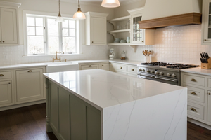 QUARTZ VIETNAMIEN CALACATTA MIST LINE, épaisseur 20 mm, GRANDE DÉCOUPE, APPLICATIONS MODERNEES POUR CUISINES, SALLES DE BAIN ET HÔPITAUX, avec CONCEPTION DE MODÈLE 3D - Product Image 6