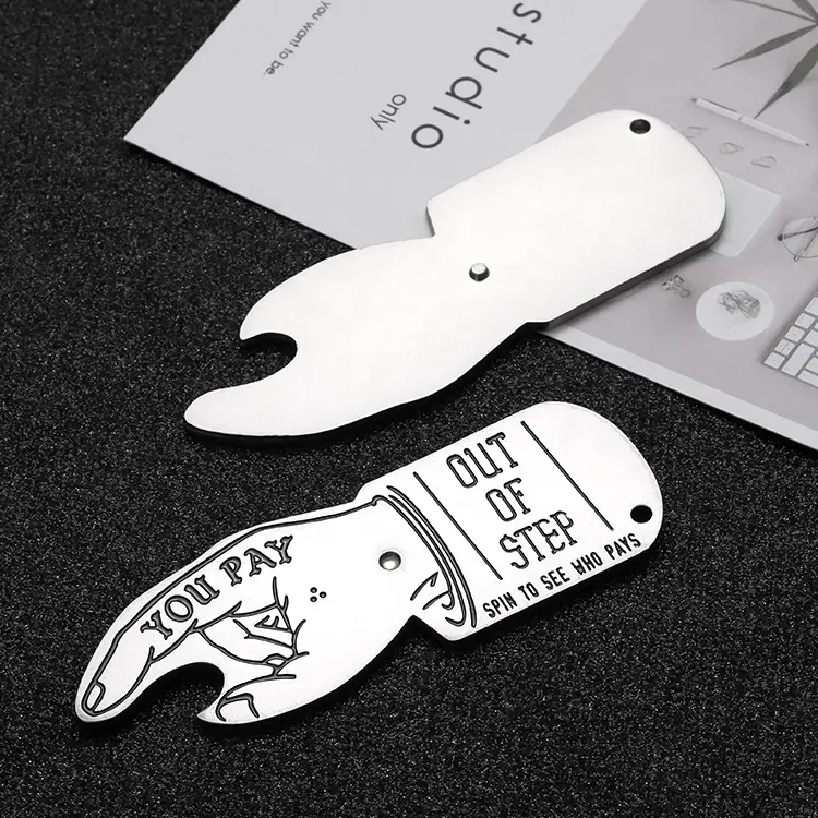 manufacture Custom logo 3D fish engraved bottle opener key chain flat who will pay hand shape bottle opener