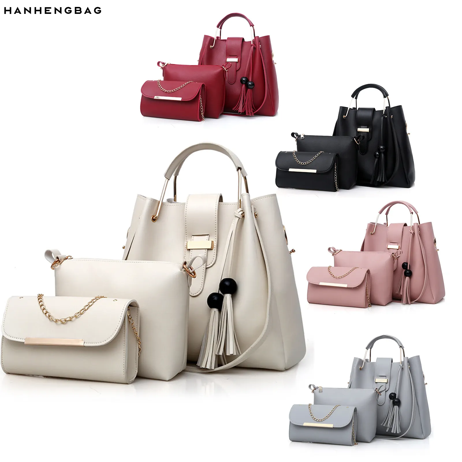 Factory Cheap handbag 3 in 1 set bag western women handbags and wallets sets lack color custom satchel handbag and purse