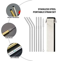 Vente en gros de pailles en métal réutilisables écologiques en acier inoxydable 304 avec logo personnalisé, ensemble avec sac pour gobelets bouteille d'eau