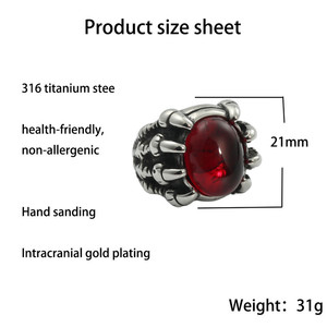 Bague en acier inoxydable de style européen et américain pour homme, avec griffe de dragon en titane et rubis, modèle 27070 Zircon - Product Image 4