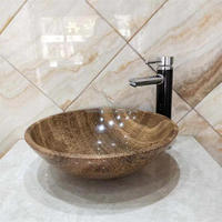 Vanité en marbre grain de bois jaune naturel Dernier design Salle de bain Pierre polie Lavabos ronds en marbre Lavabos