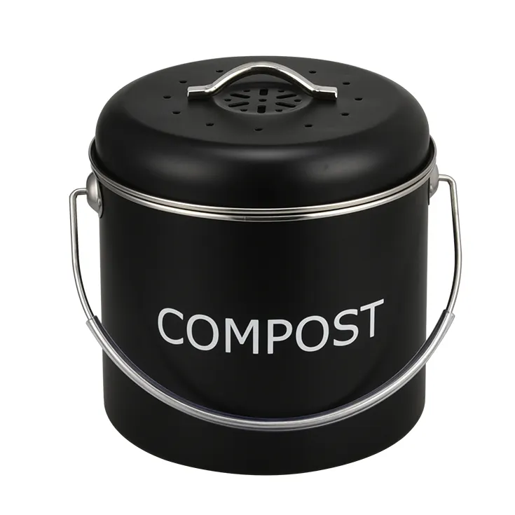 Countertop black round metal kitchen compost pail bin