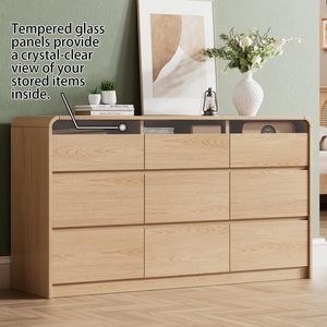 <span class=keywords><strong>Commode</strong></span> à <span class=keywords><strong>9</strong></span> <span class=keywords><strong>tiroirs</strong></span> avec vitrine en verre encastrée, rails métalliques silencieux, <span class=keywords><strong>commode</strong></span> sans poignées pour vêtements - Product Image 3