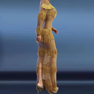 Abito da donna 2020 Elegante abbigliamento da donna diamante nappa collo alto Abito dorato donna festa nuda come Abito Lungo Elegante Curvy - Product Image 2