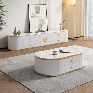 Hiện đại tối giản kem trắng TV Tủ Bàn cà phê thiết lập ánh sáng sang trọng đồ nội thất nhà với bảng đá & Tủ phòng khách - Product Image 6