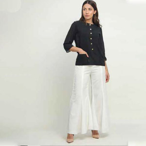 Casual Wear Women Two Piece Set Black O-Neck Gold Button Blouse with Pockets and Pleated White Wide Leg Pants Outfit - Product Image 1