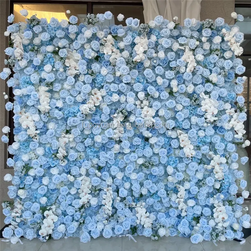 S08シミュレートされた花の壁マット写真の背景ロールアップ結婚式の偽の花の壁パネルの装飾部屋のイベントのための青い蘭の花の壁