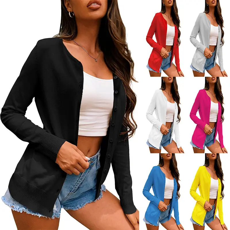 Spring summer pure color o-neck casual knit cardigan Long sleeve black cardigan women