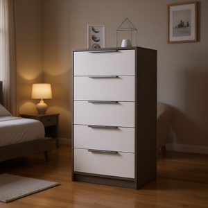 Comò a 5 cassetti in rovere fumé con finitura bianca, mobile moderno per camera da letto, design autoportante in legno MDF - Product Image 2