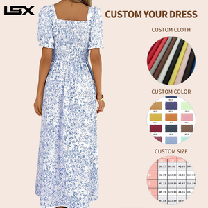 Vestido <span class=keywords><strong>de</strong></span> Verano Personalizado para Mujer, Manga Corta Abullonada, Estampado Floral, Fruncido, con Abertura Alta, Largo Maxi, <span class=keywords><strong>Vestidos</strong></span> Casuales <span class=keywords><strong>de</strong></span> <span class=keywords><strong>Fiesta</strong></span> - Product Image 2