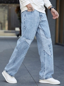 <span class=keywords><strong>Jean</strong></span> cargo baggy coupe droite taille haute pour <span class=keywords><strong>homme</strong></span>, en denim de coton bleu, avec poches obliques et patchs à motif étoile - Product Image 3