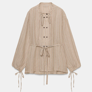 Custom Balloon Sleeves Striped <strong>Linen</strong> Shirt <strong>for</strong> <strong>Women</strong> Casual Top <strong>Blouse</strong> Ladies - Product Image 4