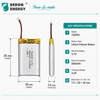 Baterai Lithium Polymer 3.7V 550mAh 752035 Baterai LiPo Isi Ulang untuk Perangkat Kecantikan Portabel, Penyemprot Wajah, Alat Pijat