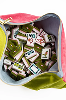 Jeu de Mahjong Américain MCM avec Tuiles Géométriques Florales, Motif Artistique Rétro Vert Olive, Pochette en Velours, Bam Bird Boutique