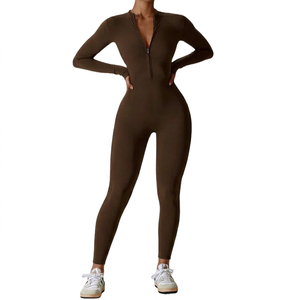 Mono marrón de manga larga con cremallera y cuello en V para mujer, de cintura alta, control de abdomen, ajustado. - Product Image 1
