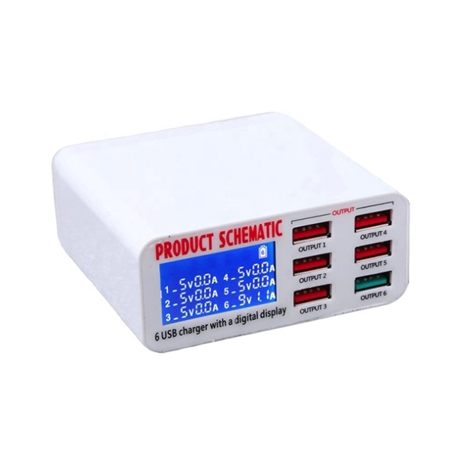Factory Supply Electric 40W USB QC3.0 Fast Charger 6 Port Charging Station 5V2.4A with LED Display Screen for Smartphones