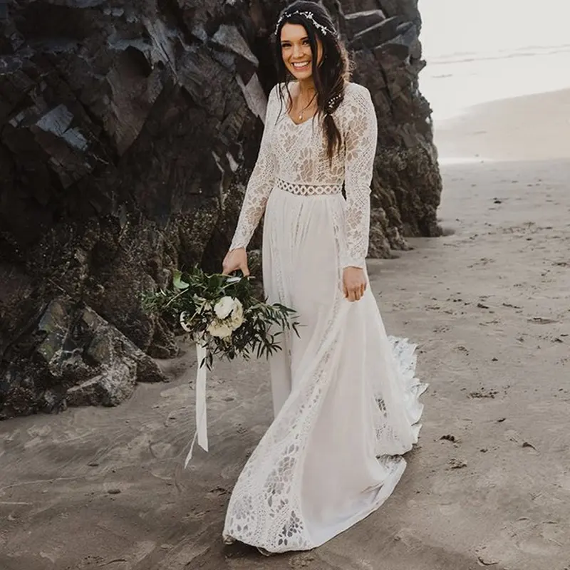 Mily Bridal ASBH003 Boho Beach Backless Lace Long Sleeve V-neck Brush Train Wedding Dress For Women