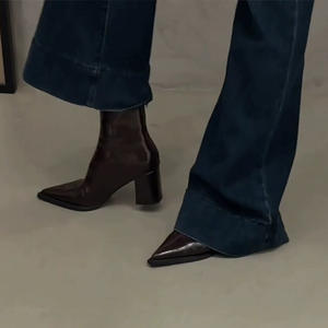 Bottines à talon bloc et bout pointu pour femme, nouvelles bottes en cuir verni noir à fermeture éclair arrière, élégantes bottes habillées de qualité supérieure pour l'hiver et l'automne - Product Image 2