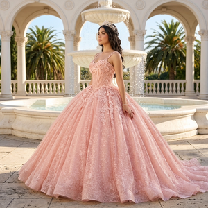 1552 Beautiful <b>Spaghetti</b> Strap Coral Pink Beading Appliques Lace Crystal Natural 3d Flower Pearls Quinceanera Ball Gowns - Product Image 1