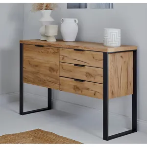 <span class=keywords><strong>Buffet</strong></span> en chêne massif avec 1 porte + 3 tiroirs et structure en métal <span class=keywords><strong>industriel</strong></span> - Product Image 1