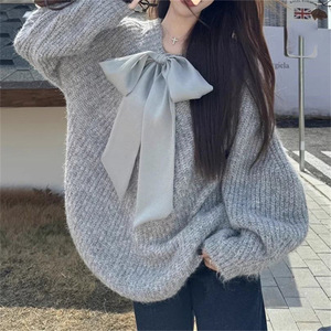 Women's Oversized Bow-Tie Ribbed Knit Sweater - Casual Sweet <b>Jumper</b> Fashion - Product Image 5